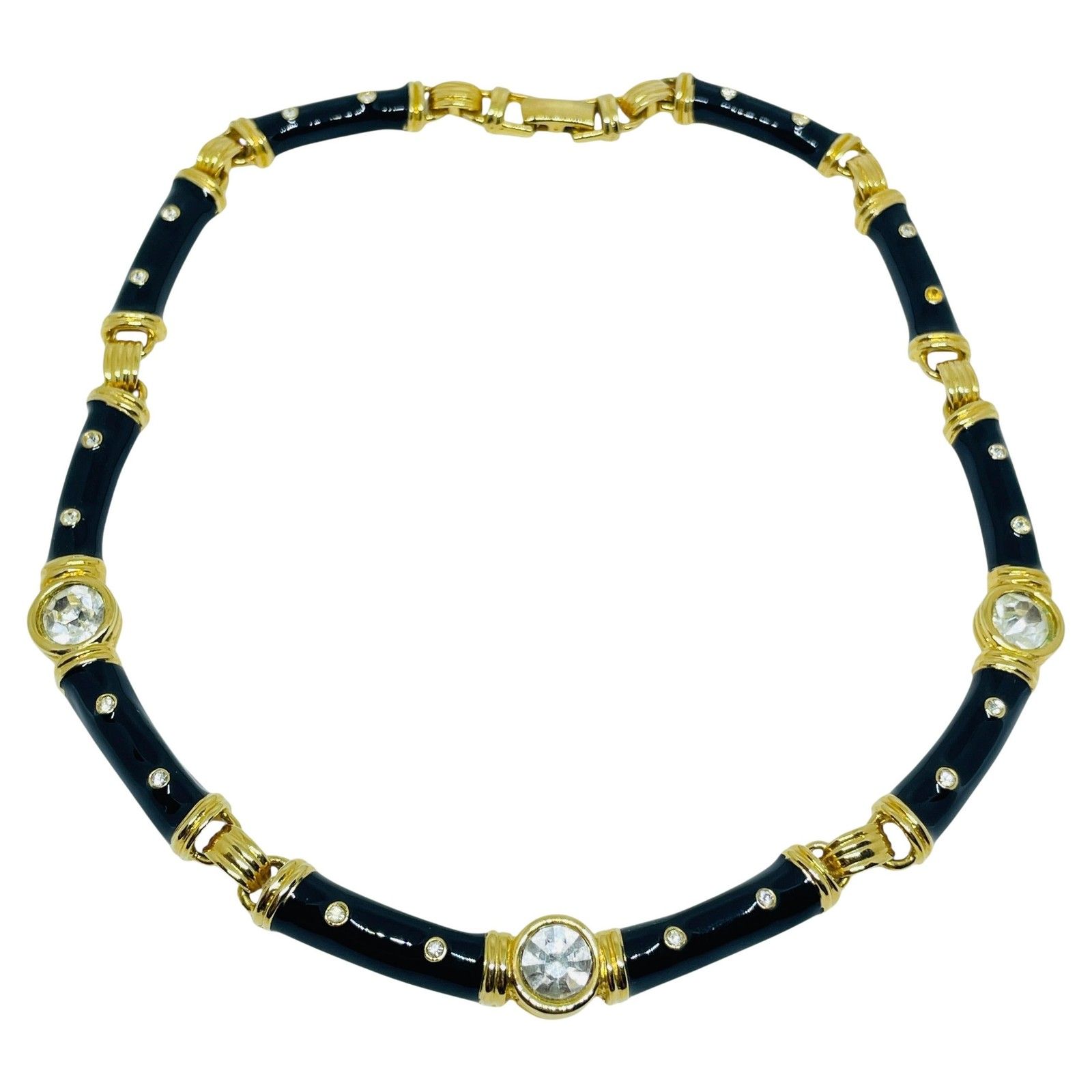 Ivana Signed Vintage Gold Plated Enamel Crystal Designer Necklace